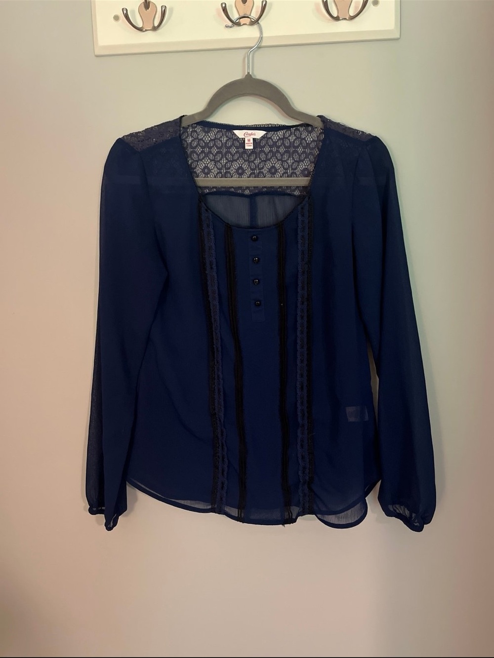 Candie's Navy Lace-Trim Long-Sleeve Blouse